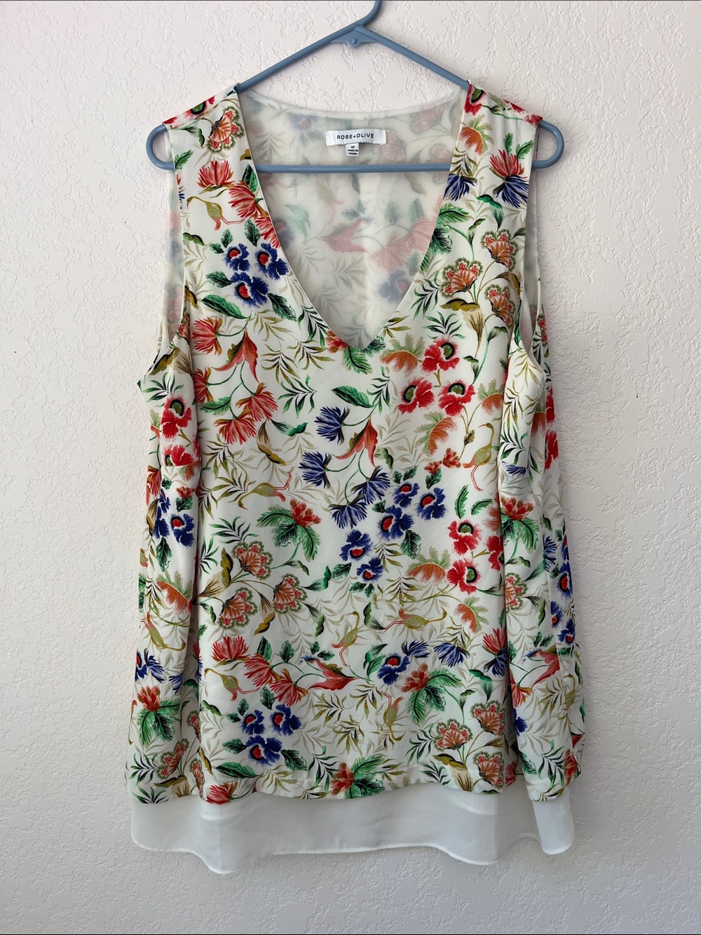 Rose & Olive Ivory Floral V-Neck Cold-Shoulder Tank with Multicolor Print